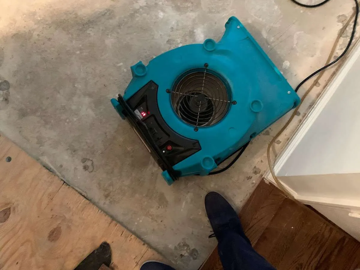 Air mover drying subfloor during Leak Detection & Repair in Graham